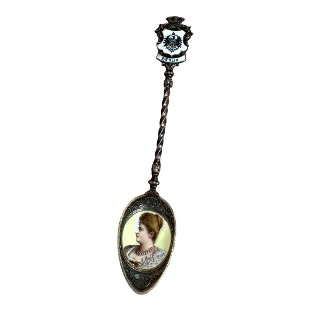Rare Enamel Portrait Augusta Victoria Germany Sterling 800 Silver Souvenir Spoon